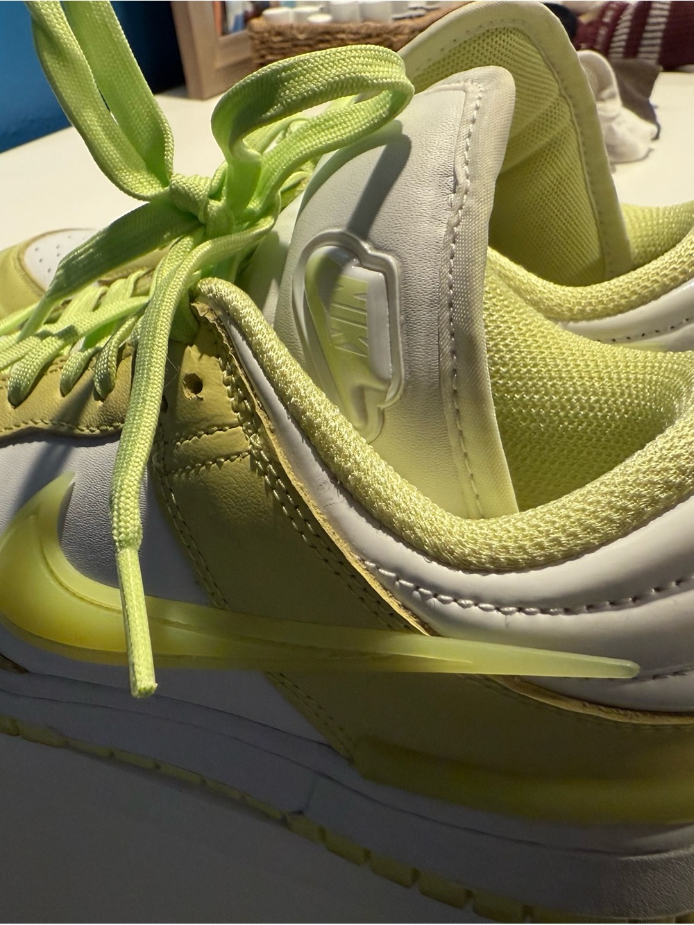 Nike Women's Neon Yellow and White Low-Top Sneakers with Translucent Swoosh